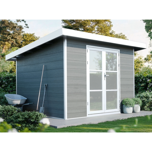 Offre Spéciale - Abri de jardin composite SINTRA – 9 m2 gris clair – Produit Neuf – DESTOCKAGE – Image 2